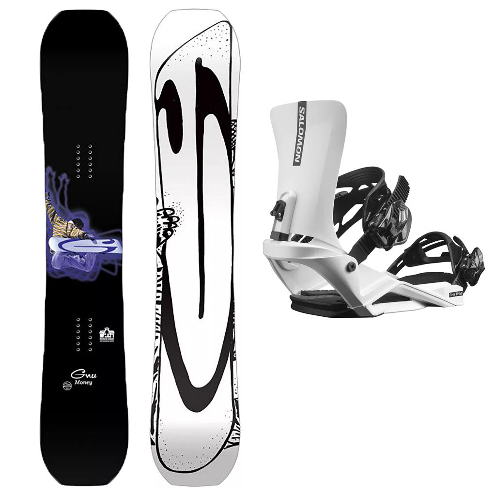 GNU Money Snowboard Mens 2024 with Salomon Rhythm Adult Snowboard Binding